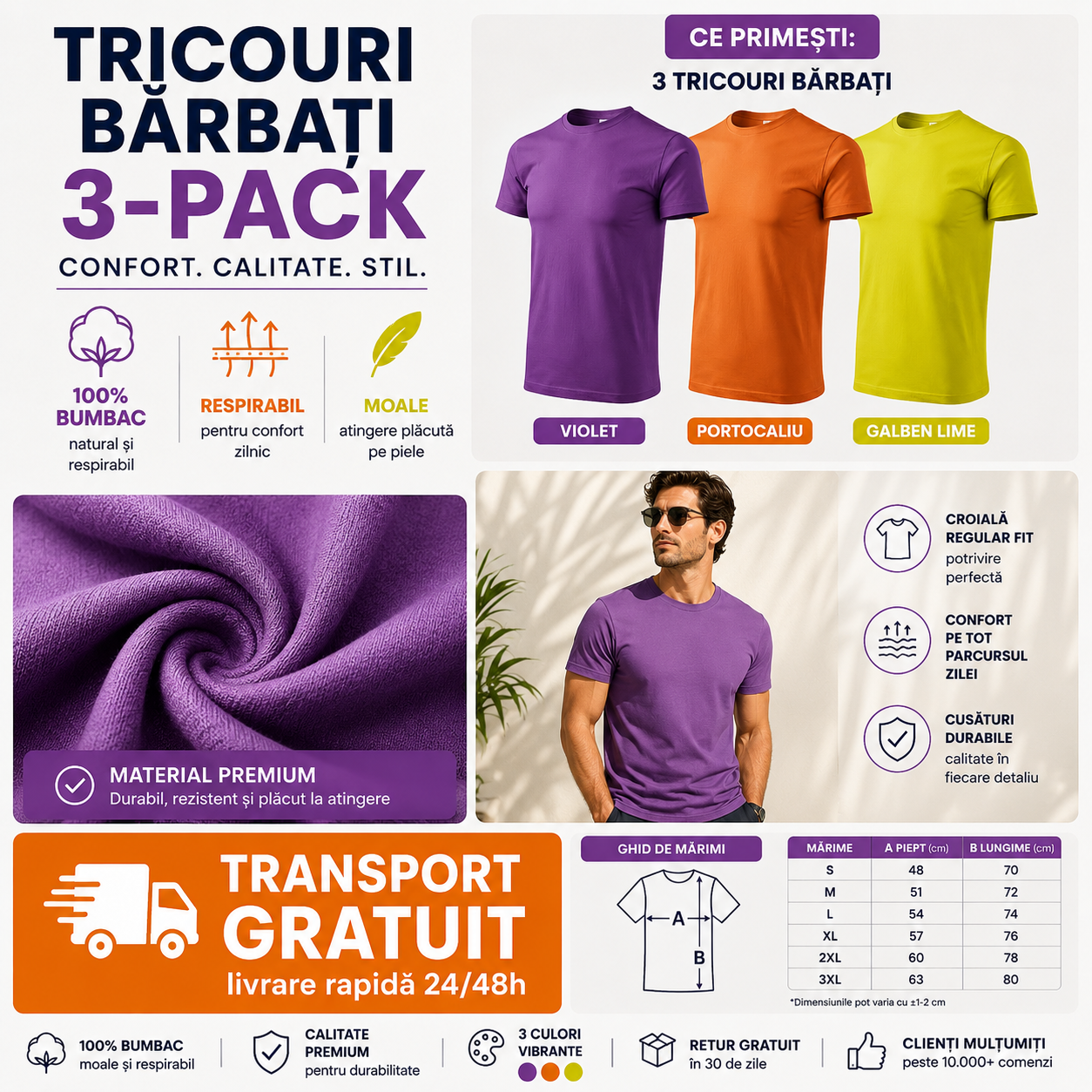 Set 3 tricouri bărbați 100% bumbac regular clasic violet portocaliu și galben lime S-3XL